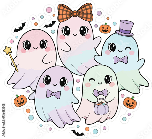 Happy Ghosts and Skeleton with Pumpkins and Bats