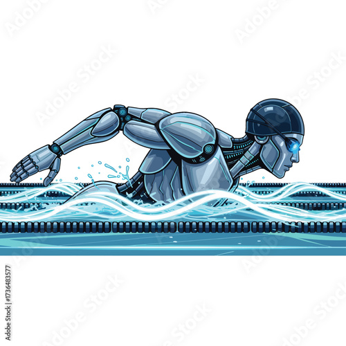 Futuristic Humanoid Athlete Robot Swimming Illustration