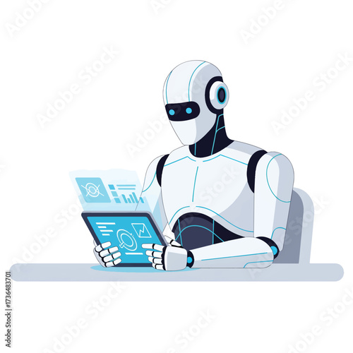 Humanoid Student Robot Studying Digital Tablet