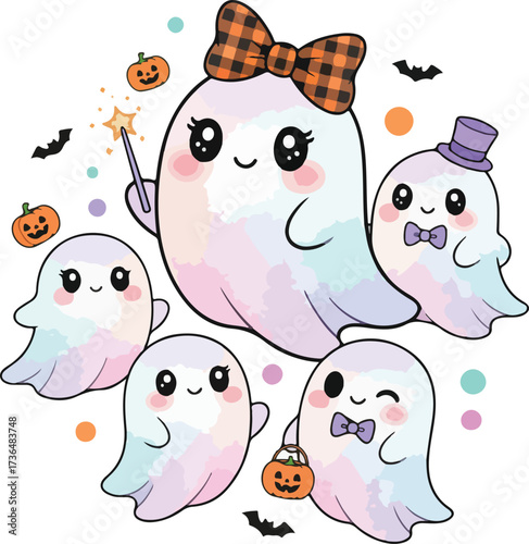 Adorable Spooky Ghost Characters with Halloween Elements for T-shirt