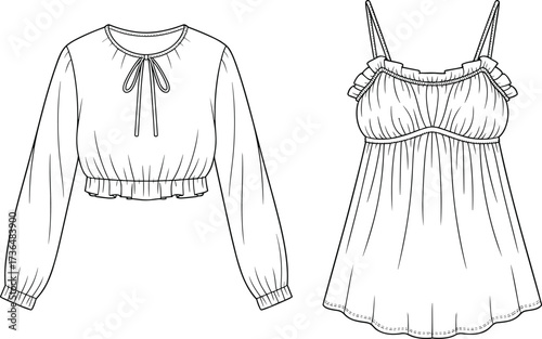 Fashion sketch, women blouse design, black and white illustration, long sleeve crop top, bow tie neckline, ruffle hem, babydoll top, spaghetti strap, empire waist, scalloped hem
