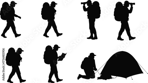 PrintSilhouette hikers with backpacks, outdoor trekking, camping adventure, exploring nature, map reading, tent setup, mountain hiking, wilderness travel, survival journey scene