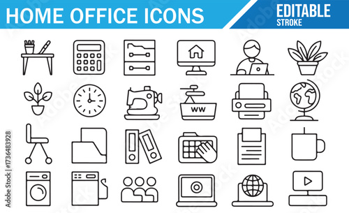 Office at home symbols — editable stroke computer and desk collection