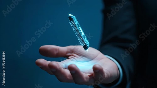 AI Chip Floating in Hand - A close-up shot depicts a hand cradling a glowing AI chip against a dark blue background.