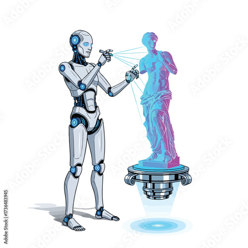 Futuristic Humanoid Robot Sculpting Hologram Statue