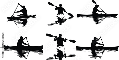 PrintSilhouette kayaker paddling on water, canoeing adventure, outdoor sport, reflection in lake, summer activity, river journey, fitness, recreation, exploration