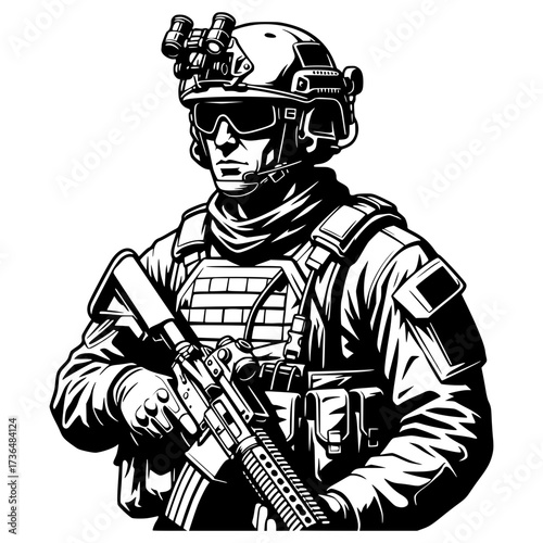 Tactical Soldier Holding Rifle Vector Illustration, Military, Army, Special Forces, Warrior, Commando
