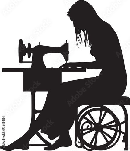 Silhouette of woman sewing on antique sewing machine