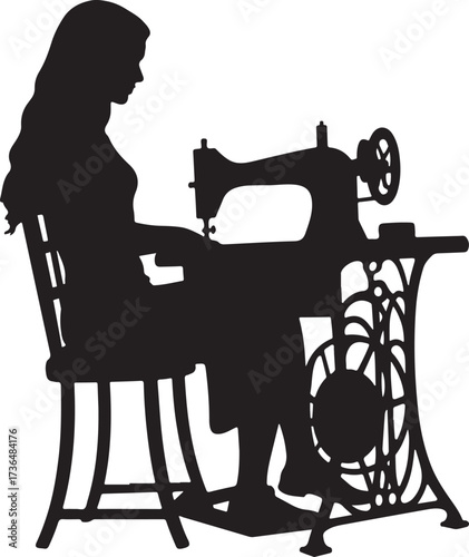 Silhouette of woman sewing on antique sewing machine