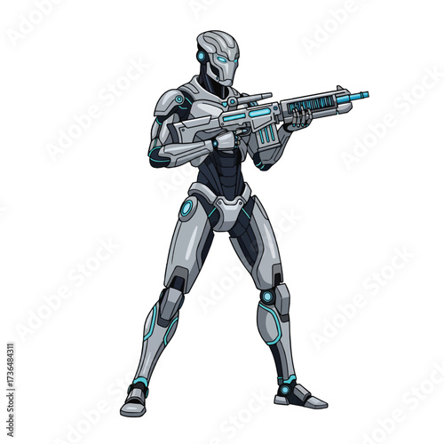 Futuristic Soldier Robot Holding Plasma Rifle