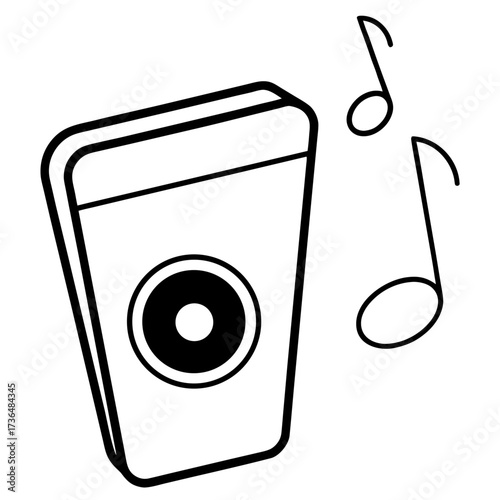 Portable speaker outline with two musical notes floating nearby for digital audio concepts and design elements