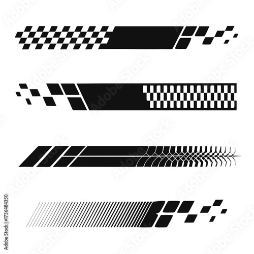 Set of different black checkered logos for sport car decals and different moto racing designs

