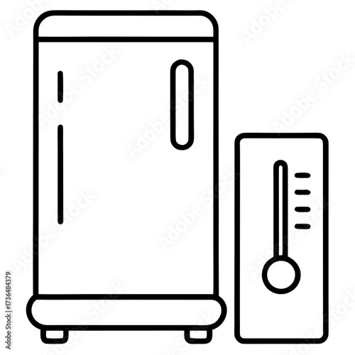 Line art of a controlled environment incubator with a thermometer showing temperature level