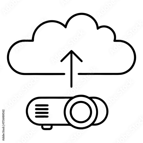 Projector connected to cloud server for wireless presentation and data sharing concept depicted in outline