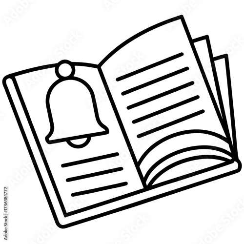 Notification bell icon in an open book outline style learning and reminders concept