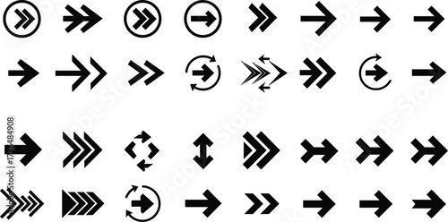 Collection of black arrow icons on white background with various designs Keywords: arrow, direction