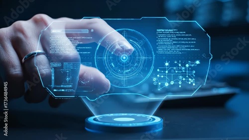 Futuristic Holographic AI Interaction - A person's finger interacts with a futuristic holographic interface, representing advanced digital technology.