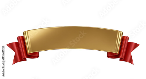Golden ribbon banner with red fabric tails isolated on transparent background