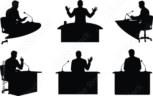 PrintSilhouette of business people speaking at podium, conference presentation, professional discussion, leadership communication, teamwork collaboration, public debate, office meeting