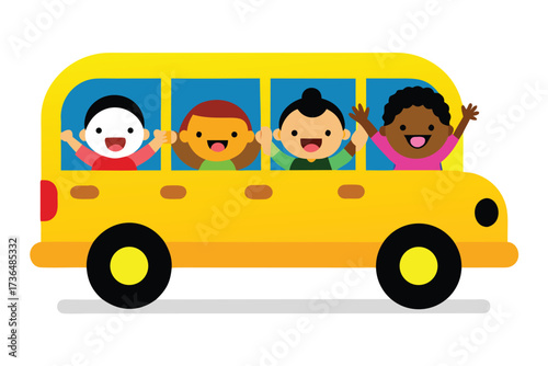Happy Cartoon Children Riding a Cheerful Yellow School Bus Waving With Joy
