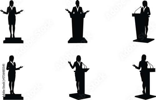 PrintSilhouette of businesswoman speaking at podium, professional public speaker, conference presentation, leadership communication, seminar training, debate, education, corporate keynote