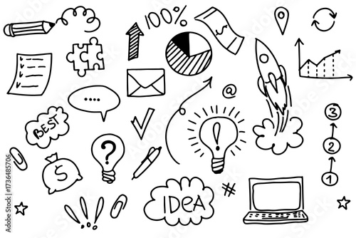 Hand-drawn sketch elements for startup, project, goal, and teamwork. Business flow chart, idea, development, rocket, growth marketing concept. Vector