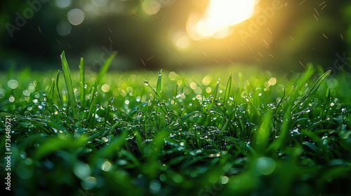 Morning dew on grass nature close-up photography outdoor low angle serenity and renewal