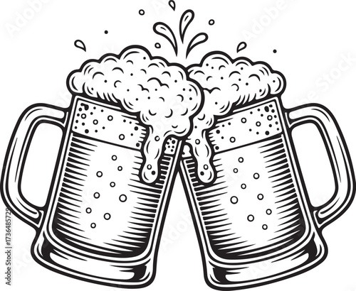 Foamy beer in vintage mug sketch traditional pub beverage illustration, black and white outline art