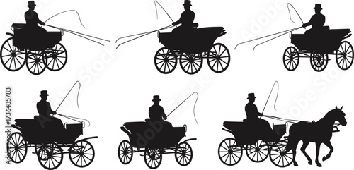 PrintSilhouette of classic horse carriage with driver, vintage transportation, retro wagon, old fashioned coach, traditional travel, historic vector illustration