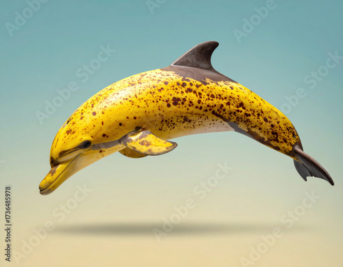 Banana dolphin hybrid yellow skin brown spots tropical fruit marine animal surreal art whimsical isolated gradient background floating pose. Playful concept blends fruit and sea life creative