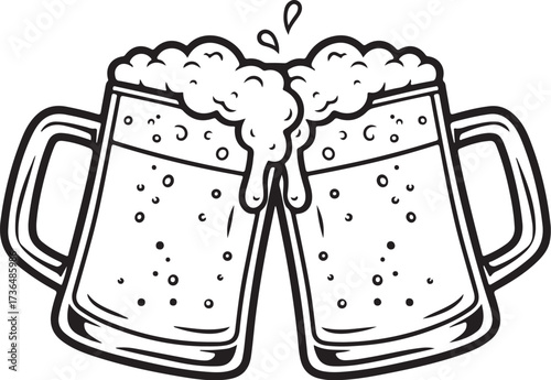 Foamy beer in vintage mug sketch traditional pub beverage illustration, black and white outline art