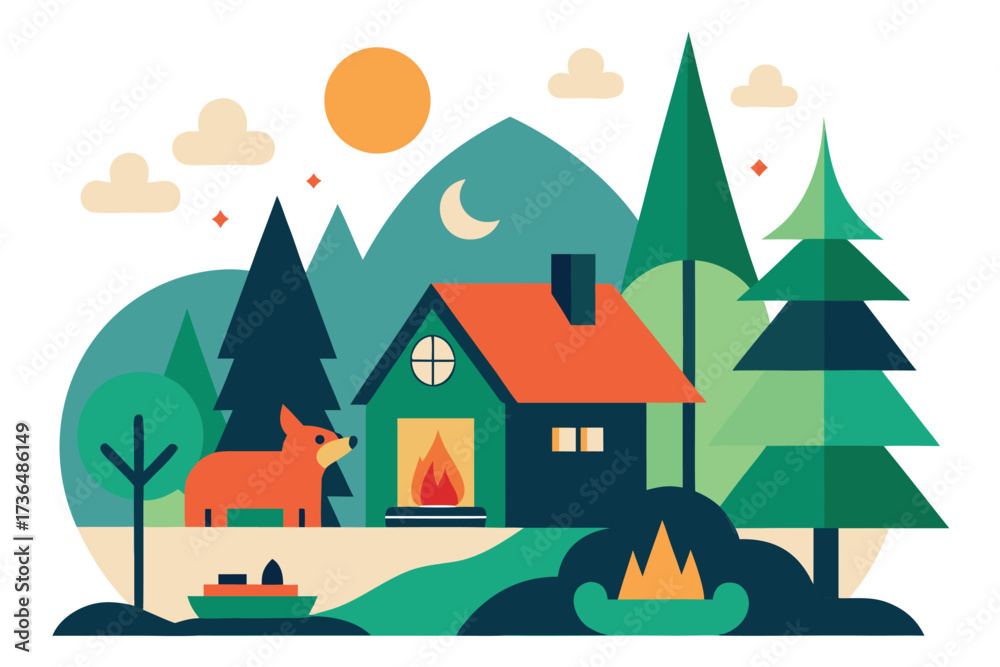 Fototapeta premium Illustrated Cozy Cabin Featuring a Fox, Mountains, Trees, Moon, and a Warm Fireplace