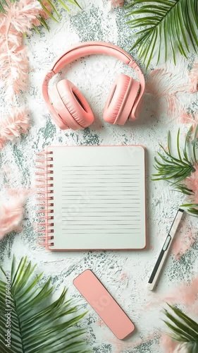 Pink headphones, notepad, pen, eraser, and greenery on a textured white surface. Floral decor
