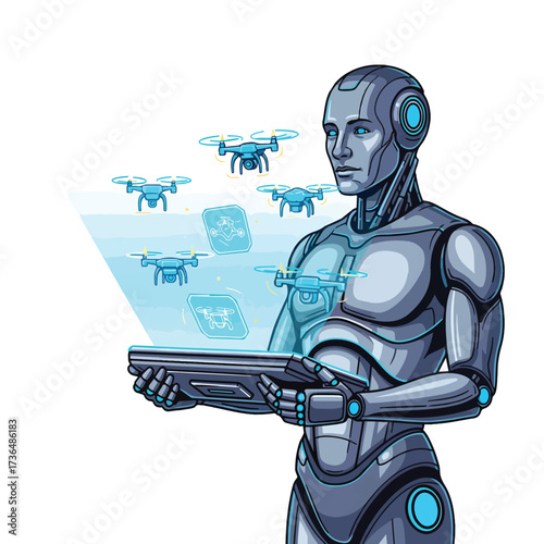 Humanoid Robot Controlling Futuristic Delivery Drones