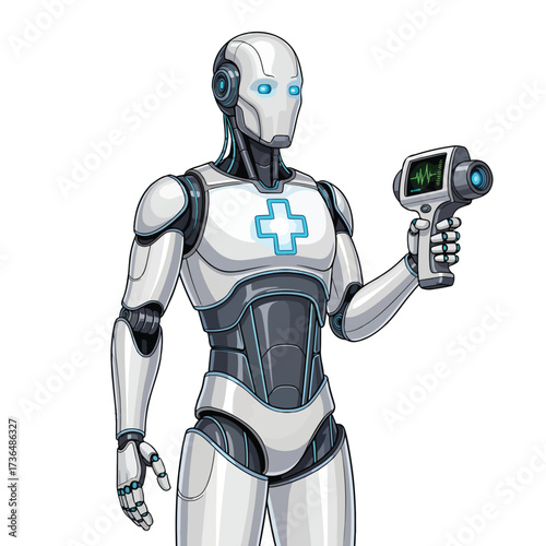 Futuristic Humanoid Doctor Robot Holding Medical Scanner