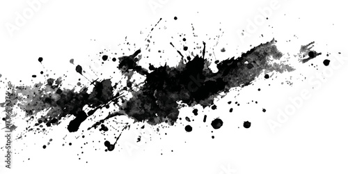 Dynamic black ink splashes create an energetic abstract artwork on a stark white background