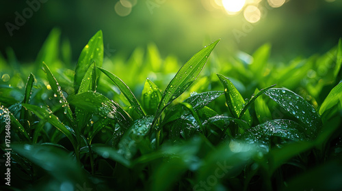 Morning dew on green tea leaves nature close-up photography lush environment serene viewpoint freshness concept