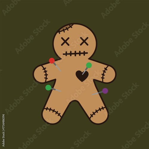 Spooky Voodoo doll with colorful pins stuck in its body, featuring stitched eyes and a dark heart, perfect for Halloween decorations or supernatural themes.