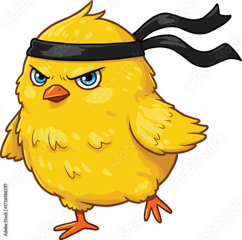 Funny chick cartoon, martial arts bird illustration, warrior chicken vector, determined character design, karate headband artwork, fighting animal mascot, humor, flat vector