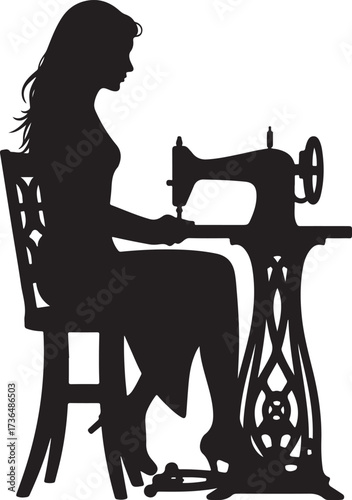 Silhouette of woman sewing on vintage sewing machine