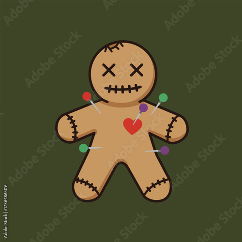 Creepy Voodoo Doll with Colorful Pins and Stitched Features on Dark Green Background for Halloween Theme
