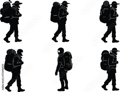 PrintSilhouette of hikers walking with backpacks and camping gear, outdoor trekking adventure, travel exploration journey, mountain hiking lifestyle, wilderness survival experience
