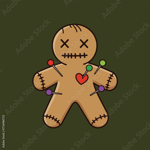 Spooky Halloween Voodoo Doll with Colorful Pins Stuck in its Body and a Red Heart, Symbolizing Dark Magic and Ominous Charm