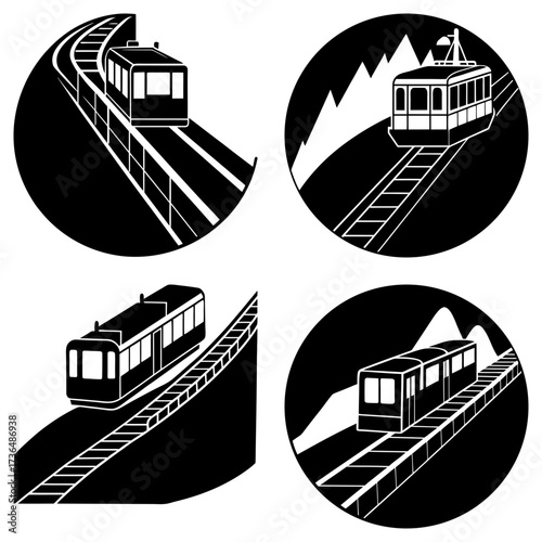 Collection of four black and white circular designs featuring funicular railway trains on tracks scenery
