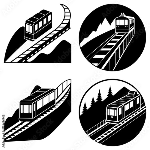 Collection of four black and white illustrations of funiculars on mountain landscapes and railway tracks
