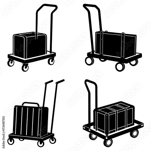 Four black and white illustrations of luggage carts each carrying different types of luggage boxes