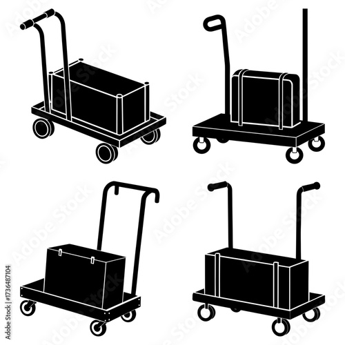 Illustration of four luggage carts with boxes and suitcases in a black and white design style