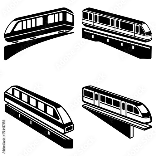 Four isometric monorail trains depicted in black and white with elevated track structures and window details