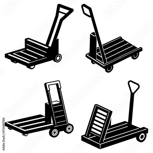 Four black and white illustrations of platform trucks with handles in various orientations and designs