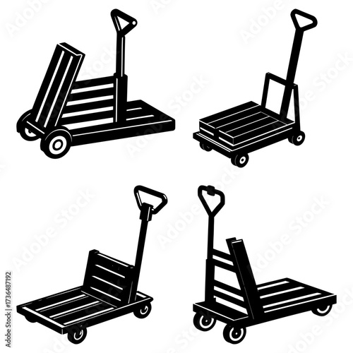 Four black and white illustrations of platform trucks with handles and four small wheels each on white